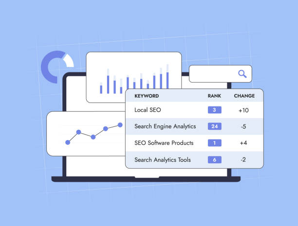 ilustraciones, imágenes clip art, dibujos animados e iconos de stock de rastreador de rango seo y herramienta de clasificación para monitorear las posiciones de las palabras clave. analizar el rendimiento de seo, realizar un seguimiento de las serp, proporcionar métricas de búsqueda, información, informes de clasificación - motor de búsqueda