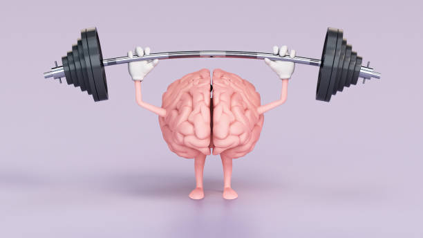 istock Cartoon Brain Lifting Weights on a Purple Background. 2155262914
