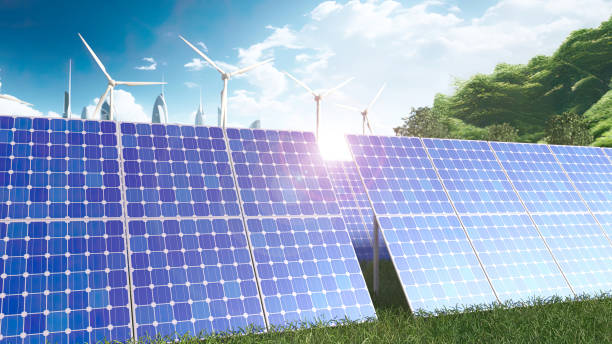 istock Modern City Utilizing Solar Panels and Wind Turbines on a Bright Day 2155262958