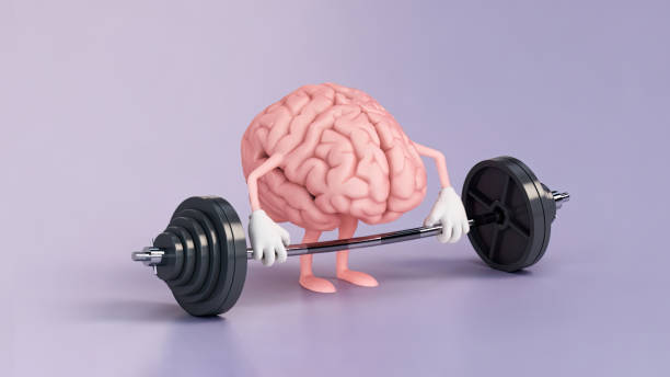 istock Cartoon Brain Lifting Weights on a Purple Background. 2155263070