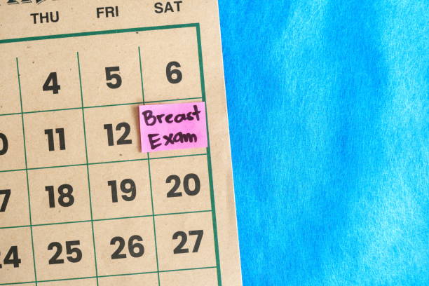 Breast exam or CBE schedule for women concept. Written reminder note on calendar.
