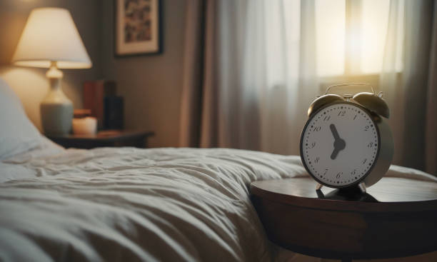 istock A black alarm clock on the bedside table in bed room with warm light from window 2155269813