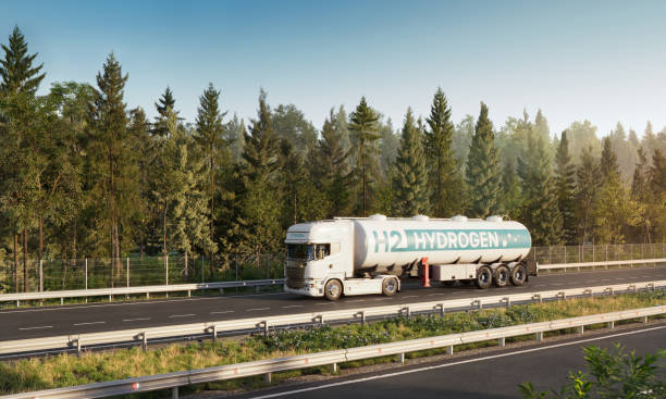 istock Digitally Generated Hydrogen Transport Truck on a Forest Road 2155273239