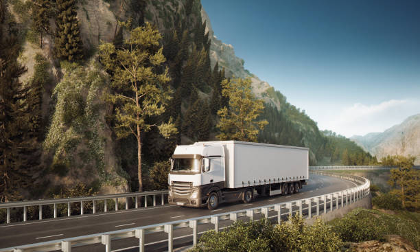istock Digitally Generated Image of a Transport Truck on a Serene Mountain Road 2155273319