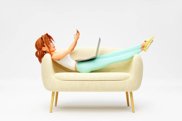 istock Cartoon smiling girl lying on sofa and using laptop and smartphone. Distance work, study and communication concept. 3d render 2155275487