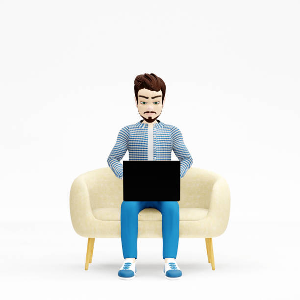 Cartoon young man sitting on sofa and using laptop. Distance work, study and communication concept. 3d render