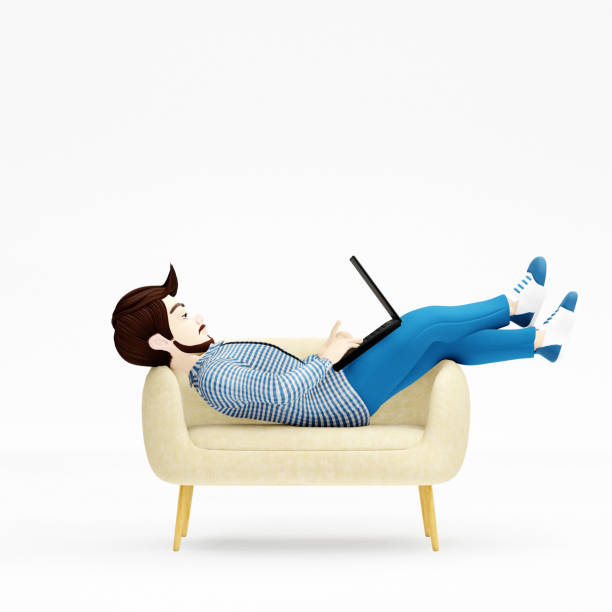 istock Cartoon young man sitting on sofa and using laptop. Distance work, study and communication concept. 3d render 2155275516