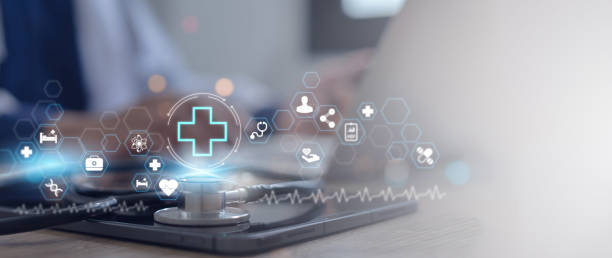 medical technology concept Doctor using laptop with health icons on virtual interface Connecting to the internet and global health networks