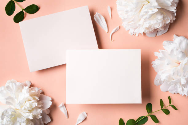 istock Greeting or invitation blank card and peony flowers 2155278445