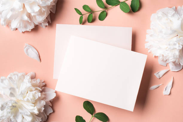 istock Greeting or invitation blank card and peony flowers 2155278449
