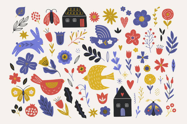 ilustraciones, imágenes clip art, dibujos animados e iconos de stock de colección folclórica: casas, pájaros, conejos, flores en flor, hojas, bayas, corazones - producto-artesanal