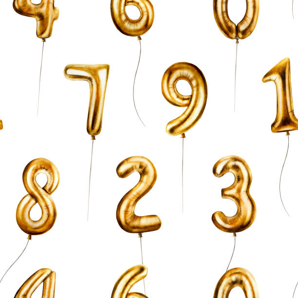 istock Seamless pattern with golden foil balloons digits 0-9. Hand drawn birthday party numbers zero, one, two, three, four on strings for decoration isolated on white background. Shiny element for designers, prints, baby shower, postcards 2155282658