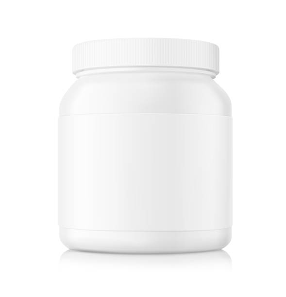 Plastic bottle mockup for sports nutrition. Vector illustration isolated on white background. Can be use for template your design, presentation, promo, ad. EPS10. protein powder bottle stock illustrations