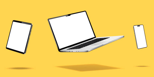 ilustraciones, imágenes clip art, dibujos animados e iconos de stock de ordenador portátil, teléfono inteligente y tableta mientras levita en el aire sobre un fondo amarillo - en medio del aire