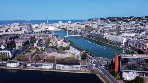 istock Drone view on Bassin du Commerce and cable-stayed bridge and Manche in distance 2155294314
