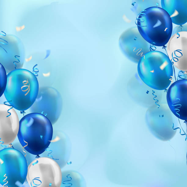 istock Template of banner with 3d blue balloons with confetti and copy space for invitation or greeting text. 2155304115