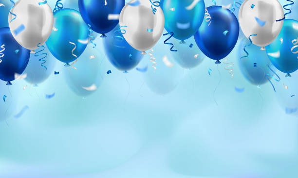 template of banner with 3d blue balloons with confetti and copy space for invitation or greeting text. - geburtstag stock-grafiken, -clipart, -cartoons und -symbole