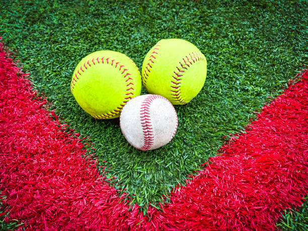 Two neon yellow softballs and one baseball lay on a green turf field. Red outline indicates batting area. Overhead views.