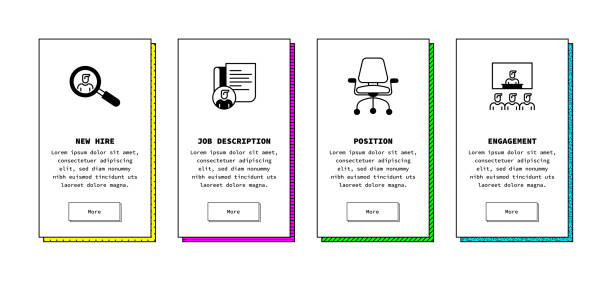 Recruitment Process Concept Infographic Design Recruitment Process - Human Resources Conceptual Infographic Design with solid icons. This design is suitable for Web Pages, Web Banners, Brochures, Posters, Flyers, and Mailing Templates. job description stock illustrations
