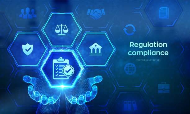 Regulation Compliance financial control internet technology concept on virtual screen. Compliance rules icon in wireframe hands. Reg Tech. Law regulation policy. Vector illustration. Regulation Compliance financial control internet technology concept on virtual screen. Compliance rules icon in wireframe hands. Reg Tech. Law regulation policy. Vector illustration rules stock illustrations