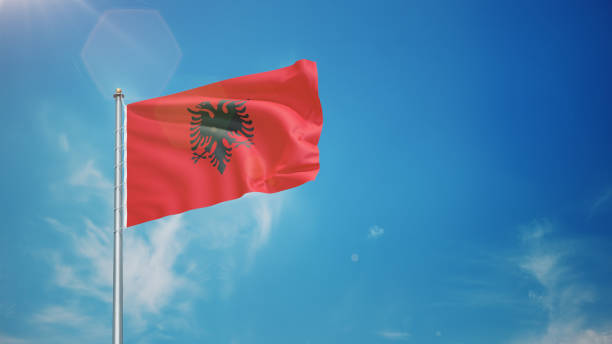 3d Render Albania Waving in the Wind in Blue Sky, Concepts of Democracy and International Relations