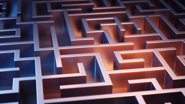 istock Rectangle Shape Metal Maze illuminated with Blue and Orange Lights 2155310362