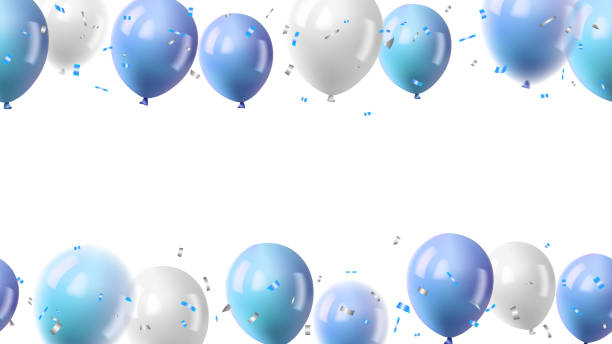 istock Celebration party banner with blue, white color balloons and blue, silver confetti background 2155314250