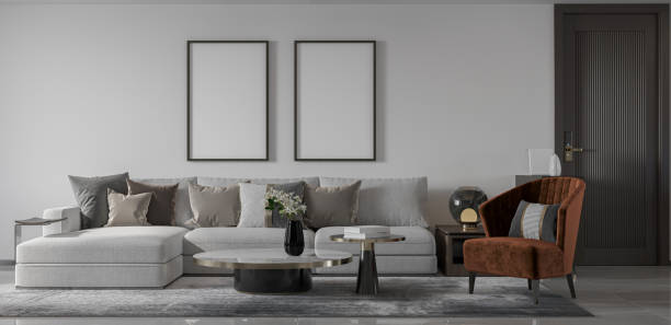 istock mock up poster frame in interior background, living room. 3D render, 3D illustration 2155315501
