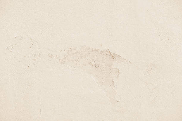 Dirty cream concrete wall peeling cracked paint.