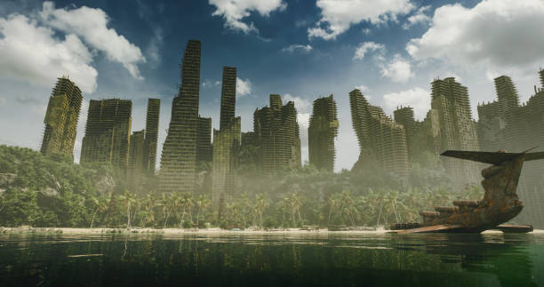 Digitally generated haunting image of a post-apocalyptic cityscape with towering, abandoned buildings overgrown with vegetation and a rusted ekranoplan on a tropical beach. The scene evokes a sense of desolation and the remnants of a long-gone civilization.The scene was created in Autodesk® 3ds Max 2024 with V-Ray 6 and rendered with photorealistic shaders and lighting in Chaos® Vantage with some post-production added.