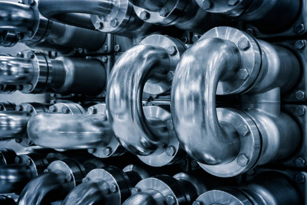 istock Metal blue curved pipes as an industrial concept background for a web page, template or web banner 2155333305