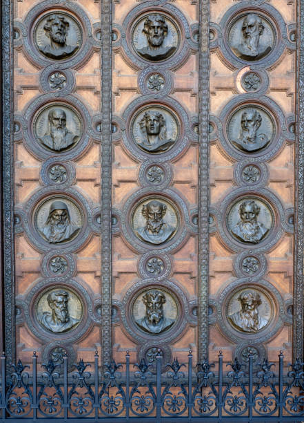 Budapest, Hungary - February 14 2024: Front door detail at St. Stephen's Basilica. This is a Roman Catholic basilica. It is named in honour of Stephen, the first King of Hungary.