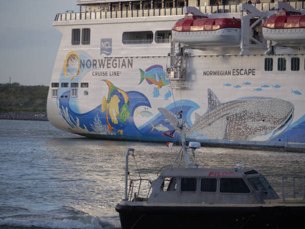 Cape Canaveral, FL, USA, December 9, 2023 - Close up of Norwegian Escape Logo while leaving port