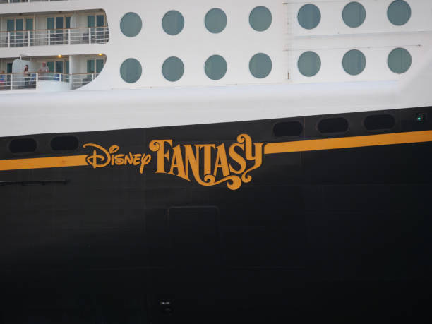 Port Canaveral, FL, USA, December 9, 2023 - Disney Fantasy Logo Close up while leaving port