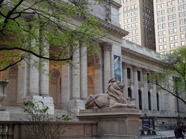 Manhattan, NY, May 3, 2024 - Impressive and beautifully landscaped front New York City Library in early spring blends well with the lion statue