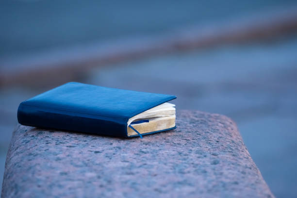 A stylish set of blue leather notebooks, one open with lined pages and a matching blue pen, placed neatly on a dark wooden surface..