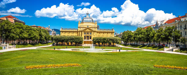 istock Art pavillion and fountain on King Tomislav square in Zagreb panoramic  view 2155366825
