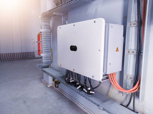 istock Instalation control of inverters solar panel on the wall. Technology of solar energy with shiny light. 2155371336