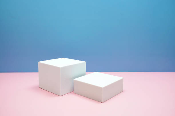 istock Podium display scene stage showcase front view with copy space on pink and blue background 2155371660