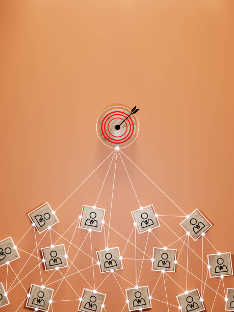 Red dartboard and black arrow connection linkage with human icon for customer focus target group and customer relation management concept.