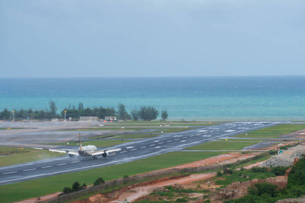 istock Emirate airplane runing on runway near sea 2155381182