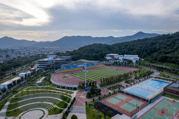 istock Aerial view of a complex building equipped with sports facilities 2155382756