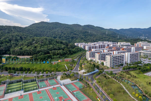 istock Aerial view of a complex building equipped with sports facilities 2155382764
