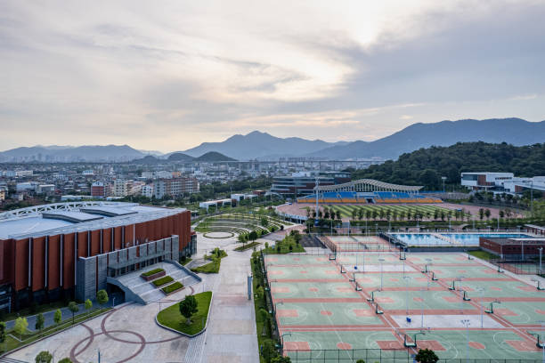 istock Aerial view of a complex building equipped with sports facilities 2155382912