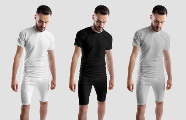 istock Template of white, black, heather compression underwear on an athletic man, suit, isolated on background, front view. Set 2155384754