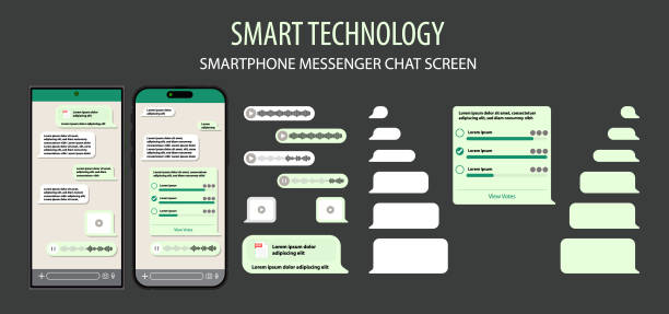 illustrations, cliparts, dessins animés et icônes de modèle d’interface utilisateur pour smartphone et messenger, application de communication sociale et de messagerie dans l’illustration de la communication mobile. application de chat dans le modèle de téléphone mobile intelligent. téléphone porta - messagerie en ligne
