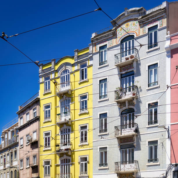pastel-coloured and typically tiled residential buildings with the omnipresent overhead lines of the historic tramway in the Graça district of lisbon