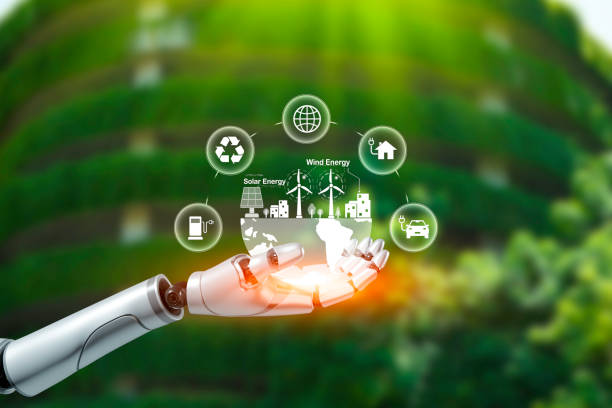 istock Net zero concept, robot hand touching green energy icon represents exchange of artificial intelligence. AI technology Machine learning for data analysis management for carbon and Net zero emission. 2155394189