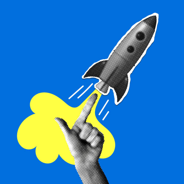 Rocket launch. Starting a business Rocket launch. Halftone hand pushes the rocket. Success concept. Modern collage. Starting a business. Startup idea. Creating new ideas. Creative illustration with cut out newspaper elements start ups stock illustrations