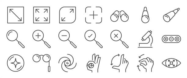 Zoom icon set. It includes expand, focus, maximize, stretchy, stretch, and more icons. Editable Vector Stroke. Zoom icon set. It includes expand, focus, maximize, stretchy, stretch, and more icons. Editable Vector Stroke. magnification stock illustrations